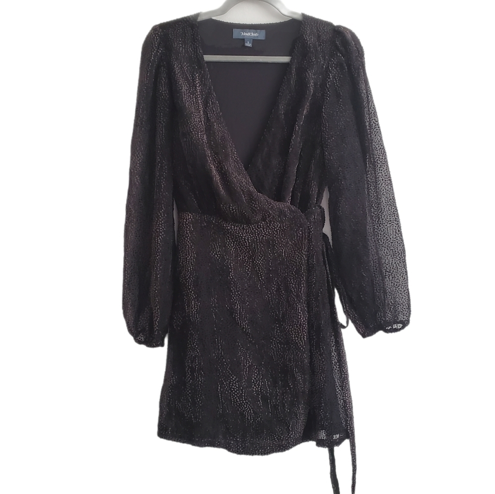 NEW Modcloth Flocked Long Sleeve Black Wrap Dress Women Size Small